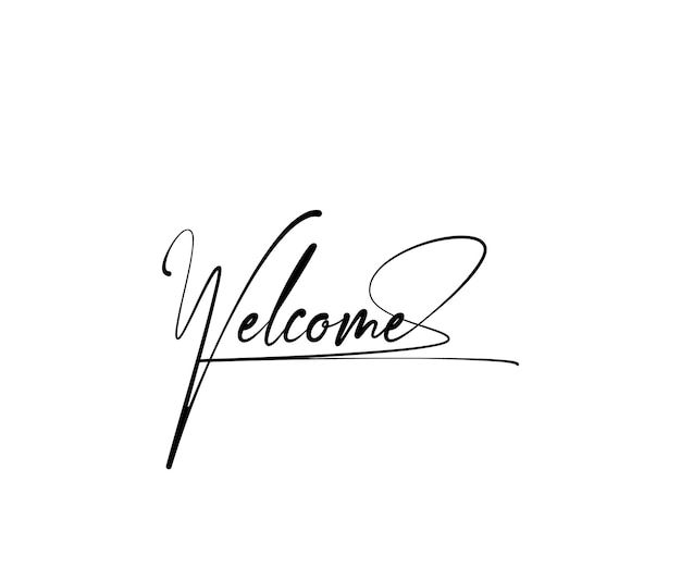 the word welcome written in cursive writing on a white background with black ink