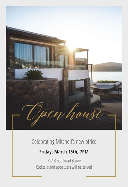 an open house flyer with the words open house written in black and gold on it