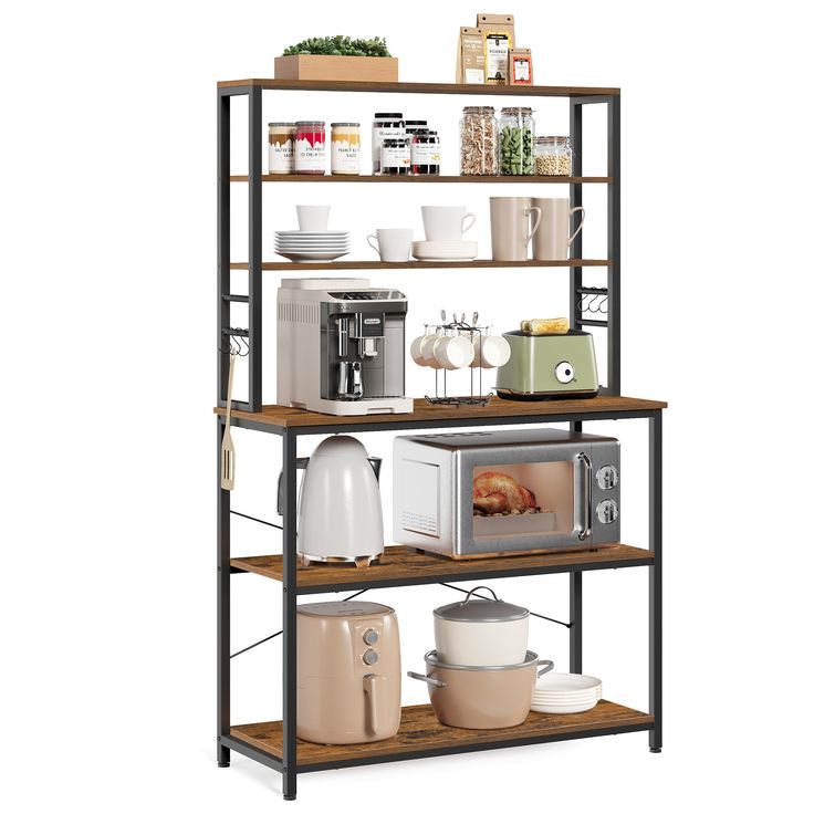 a microwave and toaster on a shelf with other items in the shelves behind it