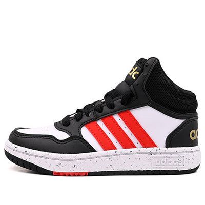 (GS) adidas Hoops Mid 'Black White Vivid Red' HR0227 (SNKR/Cozy/Skate/Mid Top/Non-Slip) High-top Scratch-resistant Skate Shoes, Sporty Scratch-resistant Basketball Shoes For Streetwear, Sporty High-top Skate Shoes For School, Red High-top Sneakers With Three Stripes, Sporty Scratch-resistant Skate Shoes For Streetwear, Sporty Scratch-resistant Skate Shoes, Scratch-resistant Sporty Skate Shoes For Streetwear, High-top Synthetic Skate Shoes With Three Stripes, Non-slip High-top Basketball Shoes For Streetwear