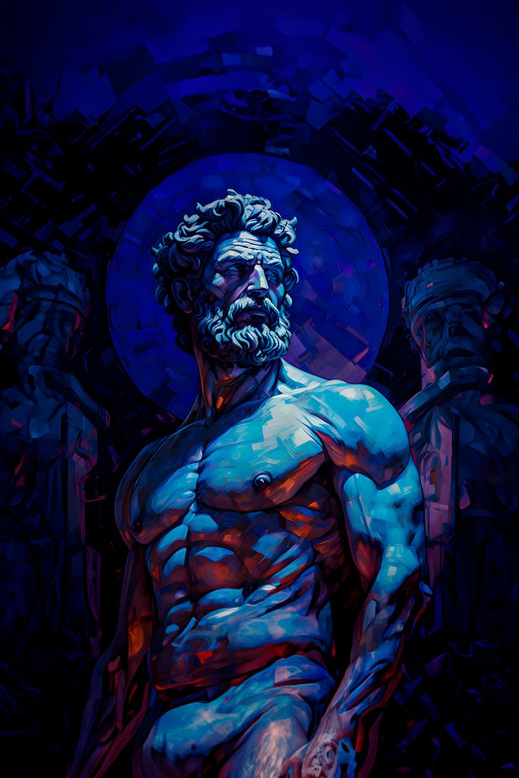 a painting of a man with blue paint on his body and chest, sitting in front of a dark background