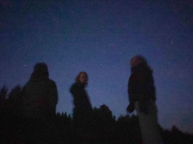 three people are standing in the dark with their hands on their hipss and looking up at the night sky