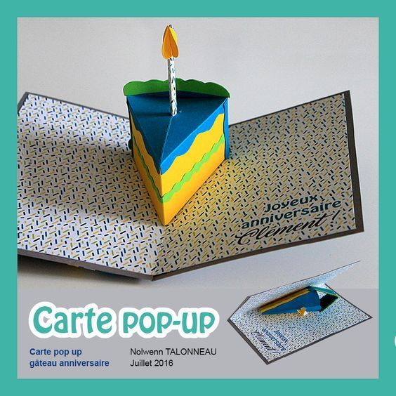 a birthday cake with a single candle on top of it and an advert for carte pop - up