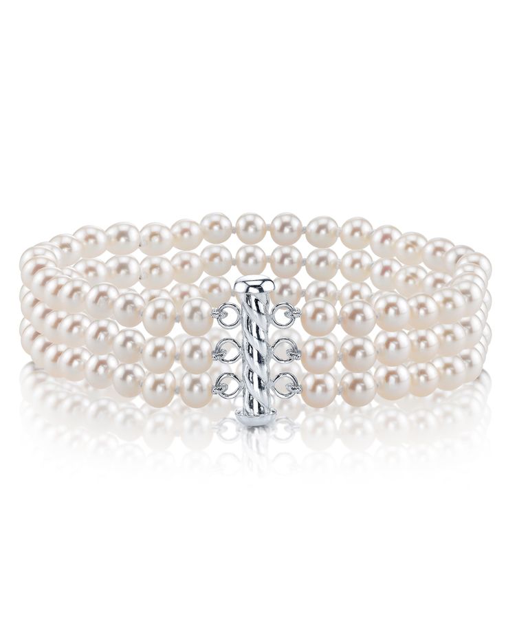 This triple white freshwater pearl bracelet is certain to grab the attention of anyone who sees this beauty. This pearl necklace is compiled of three high-quality strands of hand picked white freshwater pearls with 'Very High' grade luster, our highest grade available. The pearl color on this strand is white and the necklace comes affixed with a beautiful Sterling Silver clasp. You can upgrade to a 14K clasp by choosing a premium clasp as well.. Thick Bracelets, Bracelets Pearl, Cultured Pearl Bracelet, Pearl Bracelets, Freshwater Pearl Bracelet, Fancy Diamonds, White Freshwater Pearl, Akoya Pearls, Gorgeous Bracelet