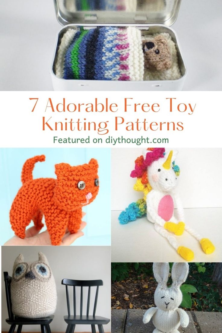 an assortment of knitted toys and stuffed animals with text overlay that reads, 7 adorable free toy knitting patterns