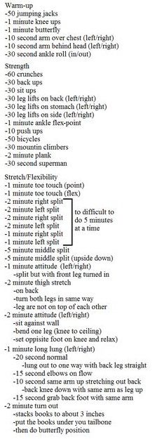 the instructions for how to make a dance stretch and work out page in an exercise book