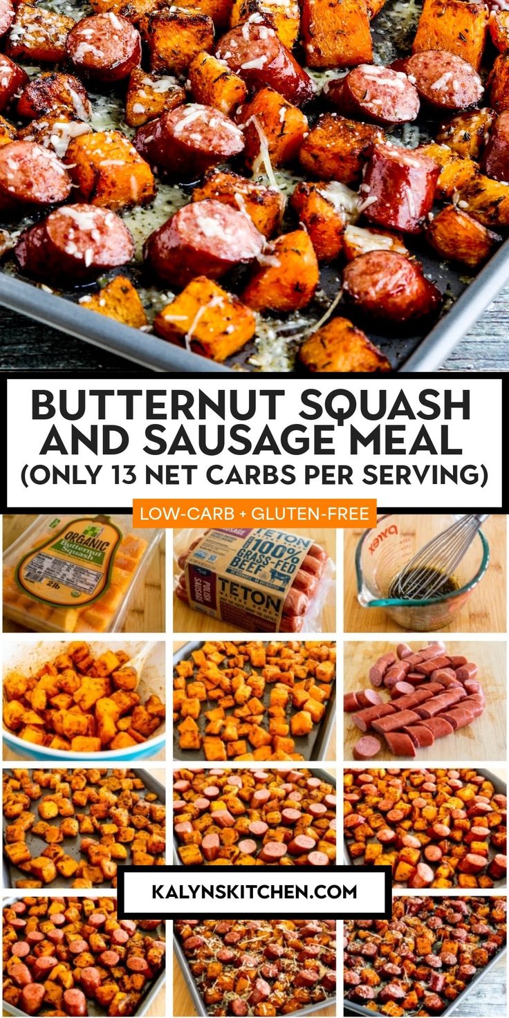 "Pinterest Image of Butternut Squash and Sausage Meal showing meal on sheet pan topped with cheese and twelve images of recipe ingredients in various stages of preparation." Butternut Squash Sausage Recipes, Butternut Squash And Sausage, Butternut Squash Sausage, Ground Sausage Recipes, Easy Sheet Pan Dinner, Winter Squash Recipes, Easy Sheet Pan Dinners, Ground Sausage, Pan Dinners