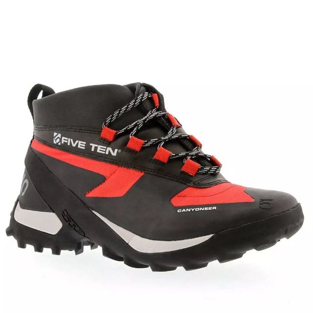 Five Ten Canyoneer 3 Red Features: Stealth S1 Rubber Outsole Increased Lug Height Welded Rubber Rands High-Top Mesh Upper Tuck-Away Lace Pouch Reinforced Toe Cap Asymmetric Fast-Lace Closure System Penetration-Resistant Compression Molded Eva Midsole Molded Poly-Urethane (Pu) Svelte Heel Cage Red Lace-up Hiking Sneakers, Red Waterproof Low-top Sneakers, Red Hiking Sneakers With Vibram Sole, Red Mid-top Outdoor Sneakers, Red Mid-top Sneakers For Outdoor, Red Hiking Sneakers With Rubber Sole, Red Sneakers With Vibram Sole For Outdoor Activities, Red Sneakers With Vibram Sole For Outdoor, Outdoor Red Sole Lace-up Boots