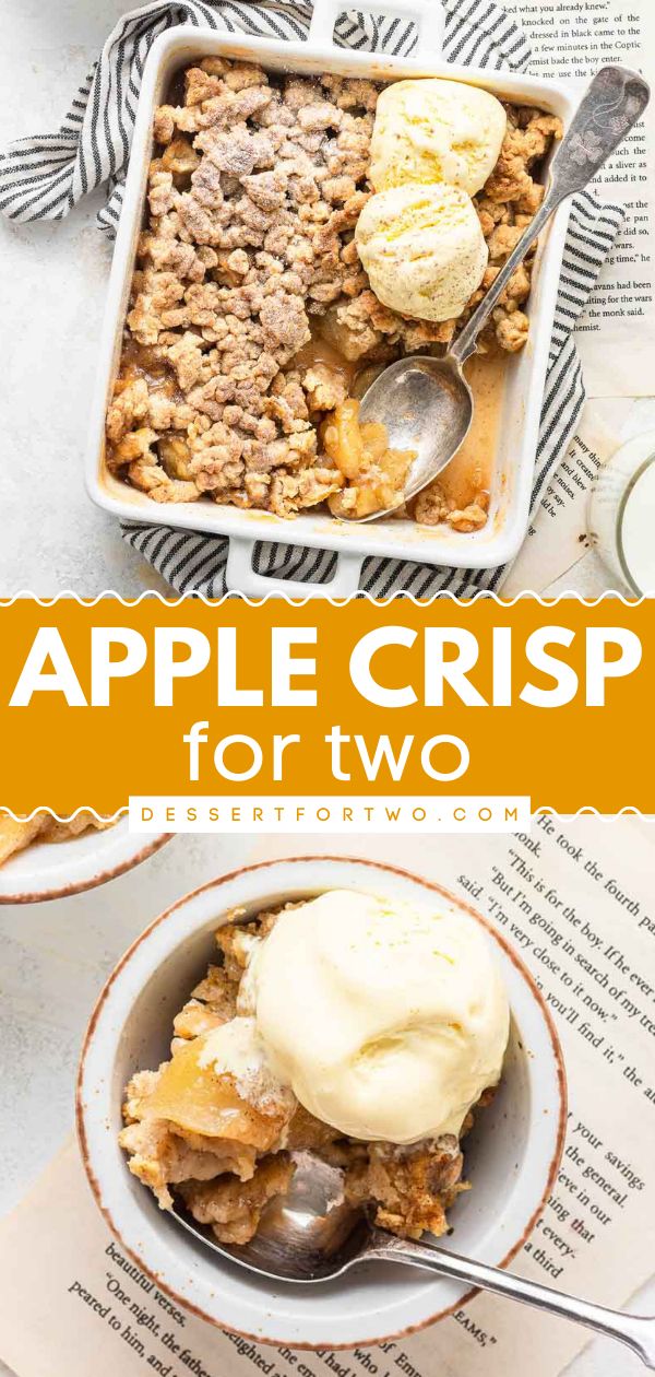 Here's an easy fall recipe you'll want to enjoy all season long! From the sweet filling to the oat topping, this small batch apple crisp for two is everything you want and more. Enjoy this apple dessert recipe with some ice cream! Apple Crisp For Two, Apple Crisp With Oats, Apple Crisp No Oats, Apple Desserts Easy, Apple Crumble Recipe, Small Batch Baking, Apple Crisp Easy, Easy Autumn Recipes, Homemade Soup Recipe