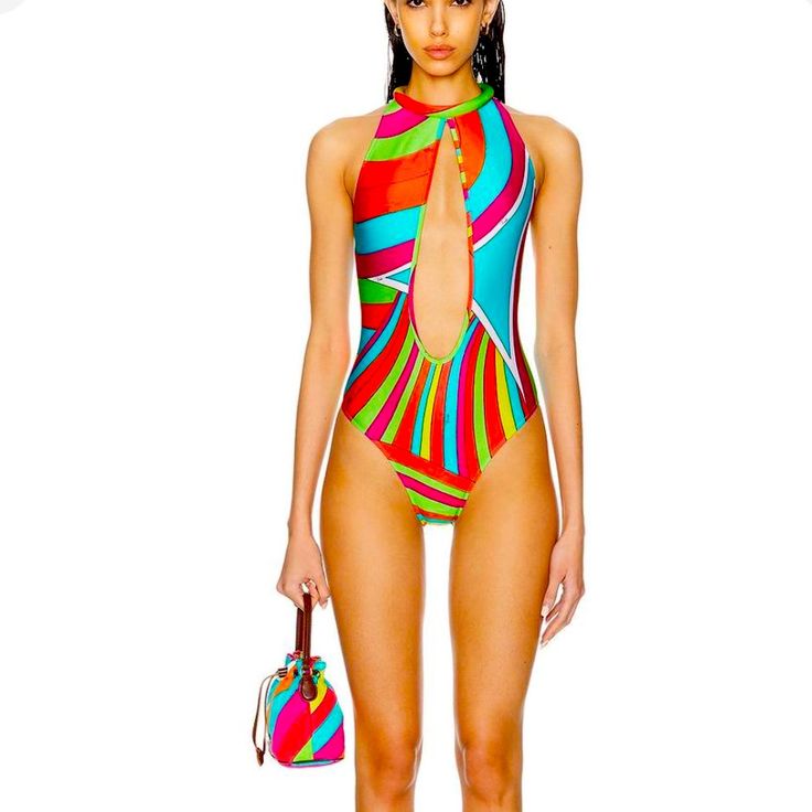 Emilio Pucci Collared Swimsuit Brand New Tags Still Attach Comes With Dust Bag Size Small Chic Multicolor Swimwear, Designer Summer Swimwear For Beach, Designer Beach Swimwear For Summer, Vibrant Multicolor Swimwear For Party, Vibrant Multicolor Party Swimwear, Swimsuit Brands, Emilio Pucci, Dress Code, Orange Pink