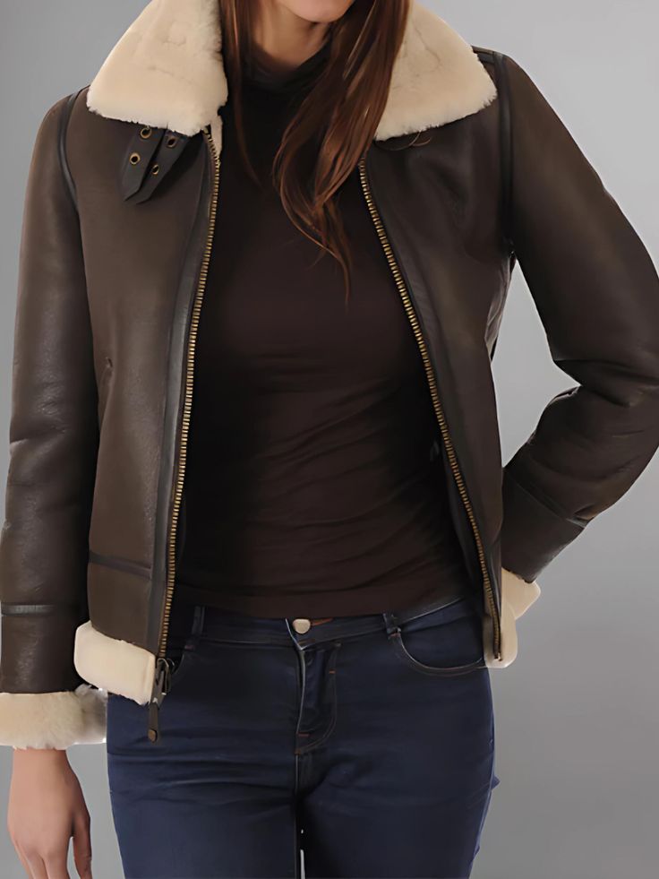 Step into classic aviator style with the Aviator Women's Distressed Brown Jacket. Crafted from high-quality distressed brown leather, this jacket exudes rugged elegance and timeless charm. Inspired by vintage aviator jackets, this piece features all the iconic elements that make the style so enduring. From the oversized lapels and asymmetrical zipper to the cozy shearling lining, every detail is designed to evoke the spirit of adventure and exploration. The distressed finish adds a touch of authenticity and character, giving the jacket a lived-in look that only gets better with age. Whether you're flying high or exploring the urban jungle, this jacket will be your trusty companion on any journey. The versatile brown hue pairs effortlessly with a wide range of outfits, from casual jeans and Rugged Brown Leather Jacket With Padded Collar, Brown Aviator Biker Jacket For Fall, Brown Leather Aviator Biker Jacket, Classic Aviator Biker Jacket For Fall, Classic Aviator Outerwear For Fall, Classic Aviator-style Outerwear For Fall, Classic Brown Aviator Outerwear, Classic Brown Aviator Style Outerwear, Classic Distressed Brown Leather Jacket For Winter