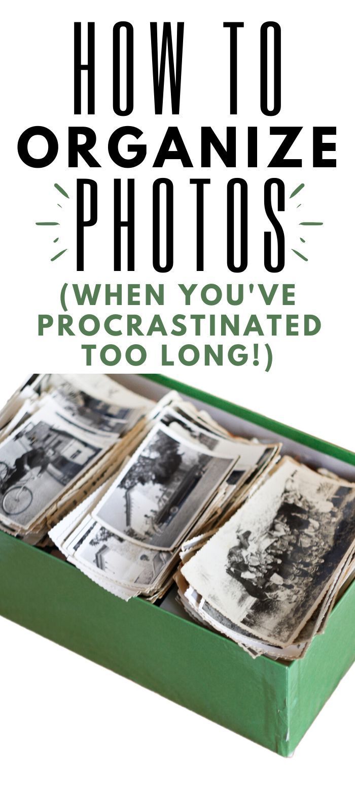 an open green box filled with photos and the words how to organize photos when you've procrasited too long