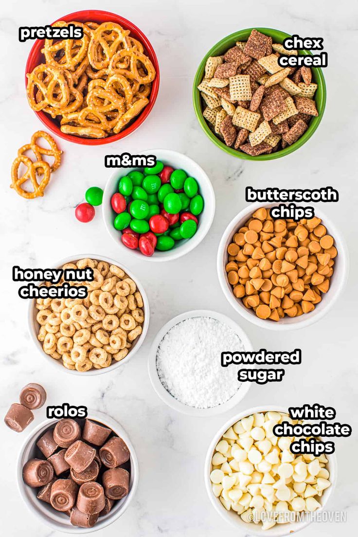 different types of cereal in bowls on a white counter top with words describing the ingredients