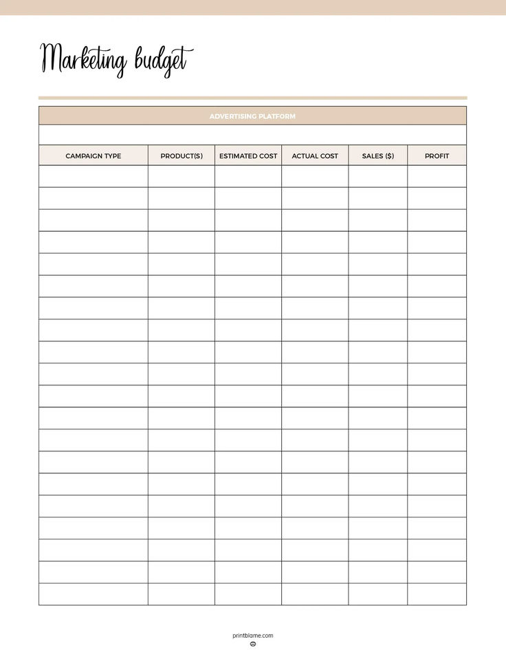 A Small Business Marketing Budget Tracker printable with columns to track campaign type, products, estimated and actual costs, sales, and profit, designed to manage advertising expenses. Small Business Planner Free Printables, Small Business Expenses, Craft Fair Booth Display, Budget Template Free, Fair Booth, Instagram Collage, Small Business Planner, Business Expense, Marketing Budget