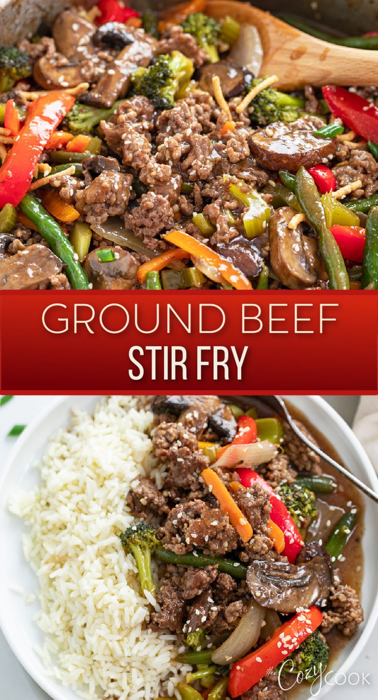 ground beef stir fry with a mix of vegetables. Hamburger And Asparagus Recipes, Ground Meat And Vegetable Recipes, Klinio Recipes, Beef Stir Fry Recipe, Ground Beef Stir Fry, Ground Beef And Broccoli, Cozy Cook, Ground Beef Rice, Beef Stir Fry Recipes