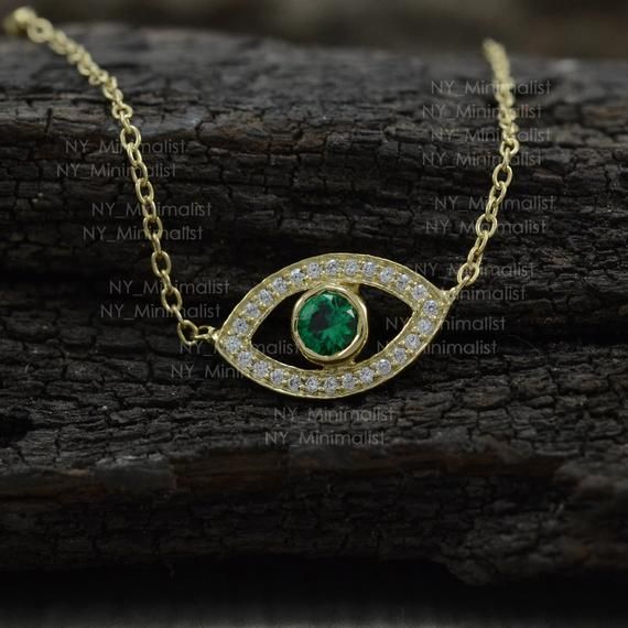 Genuine Emerald Diamond Evil Eye Necklace in 14k Solid Yellow Gold Natural SI Clarity G-H Color Diam Yellow Gold Necklace With Diamond Accents For May Birthstone, May Birthstone Yellow Gold Diamond Anniversary Necklace, Gold Diamond Necklace For May Birthstone, Yellow Gold Diamond Necklace For May Birthstone Anniversary, Green Pave Setting Jewelry For Gift, May Birthstone Yellow Gold Diamond Necklace, Diamond Necklace In Yellow Gold For May Birthstone, Green Jewelry With Pave Setting For Gift, Gold Diamond Pendant Necklace For May Birthstone