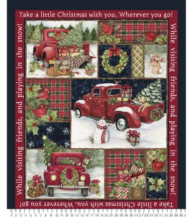 a red truck with christmas decorations on it and the words home & garden essentials