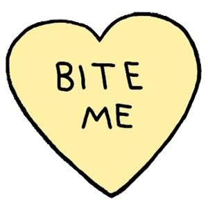 a yellow heart with the words bite me written on it