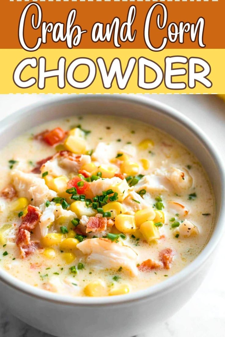 a white bowl filled with corn and crab chowder