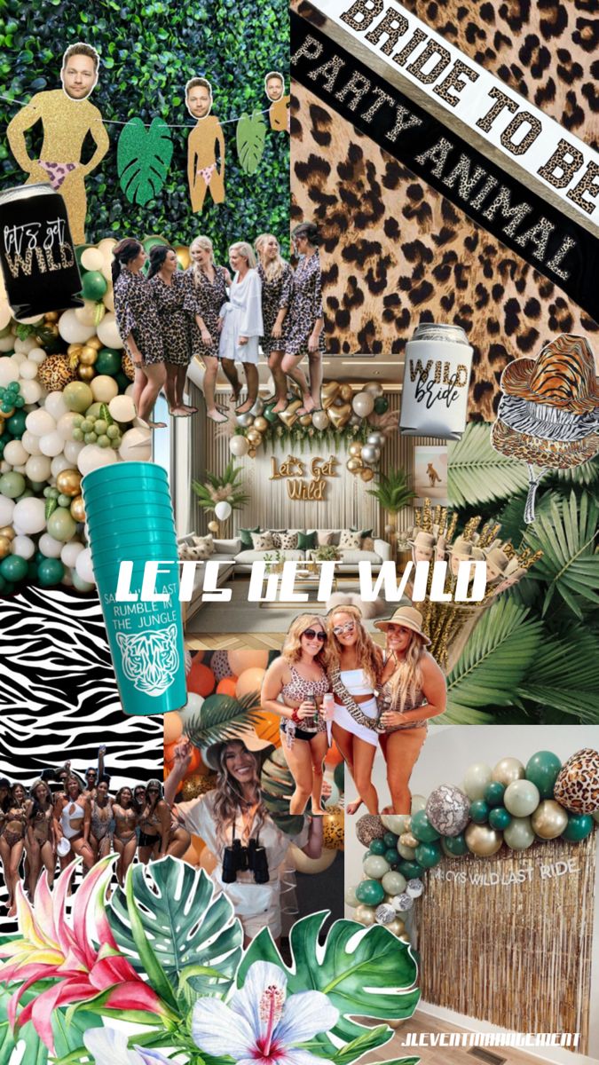 a collage of photos with different people and animal print on the top, bottom right