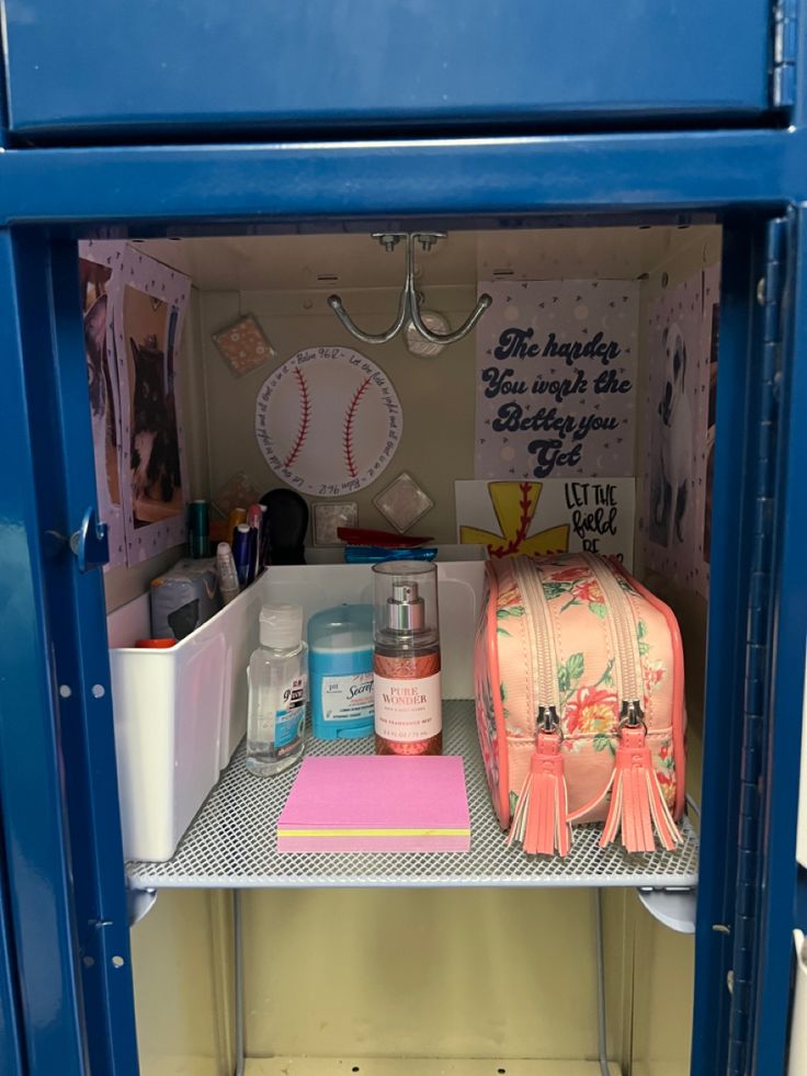 an open medicine cabinet filled with personal care items