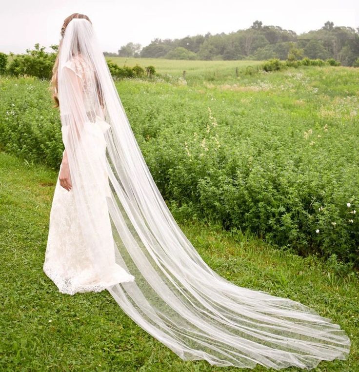 a woman in a wedding dress and veil is walking through the grass with her back to the camera