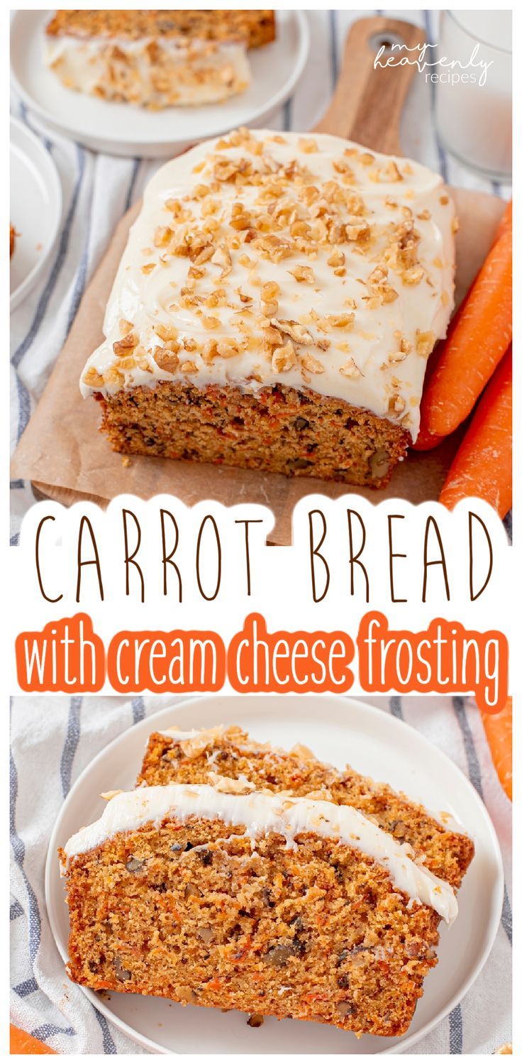 carrot bread with cream cheese frosting is on a plate and next to some carrots