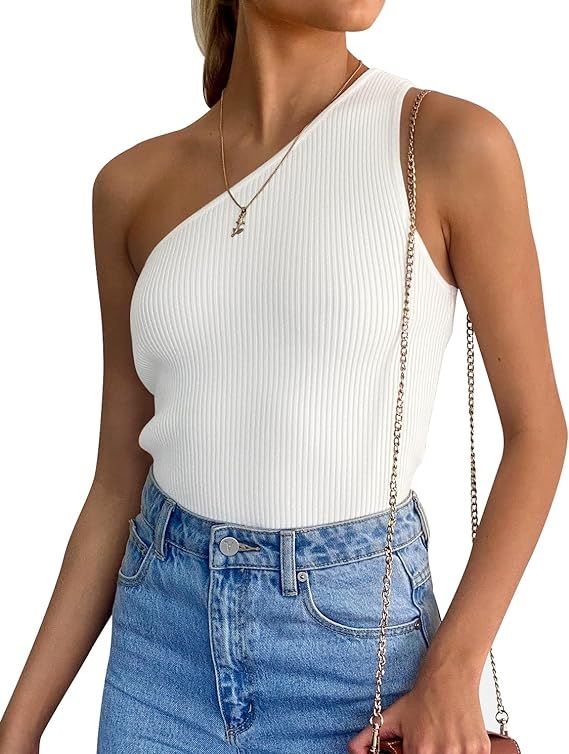 Level up your summer vibes with this chic off the shoulder top! Sleeveless, sexy slim fit, and screaming casual elegance. Whether you rock it as is or pair it with a jacket/cardigan, these ribbed knit stunners come in a variety of colors to match your mood. Get ready to turn heads wherever you go! #summerstyle #springfit #bohochic #outfitinspo #amazoncanada #amazonaffiliate #commissionlink One Shoulder Tank, Sleeveless Tops Summer, Rib Knit Top, Sleeveless T Shirt, Womens Tops Summer, Summer Tank Tops, One Shoulder Tops, Sleeveless Tshirt, Basic Tee