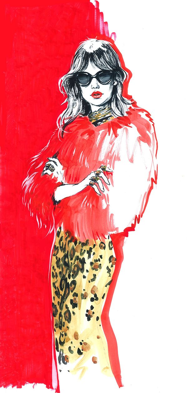 a drawing of a woman in a red coat and leopard print skirt with her arms crossed