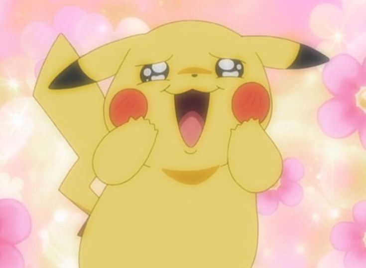 a pikachu with its mouth open and eyes wide open in front of pink flowers