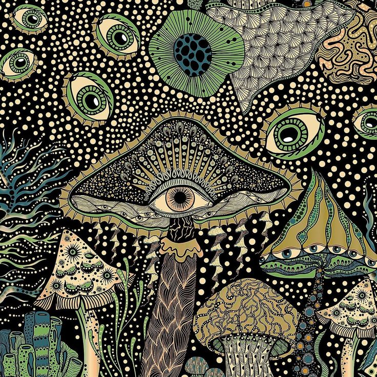 an artistic painting with mushrooms, fish and other things in the background on black paper