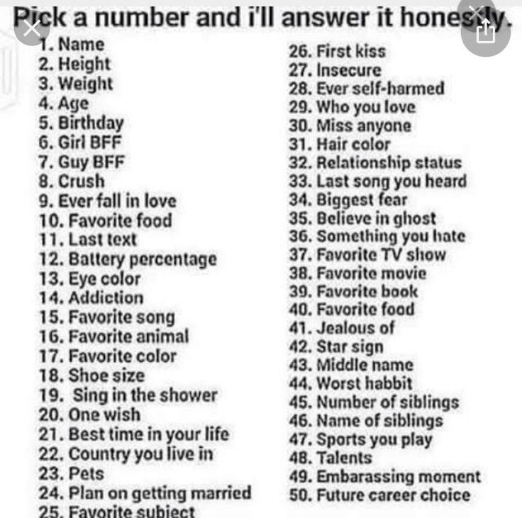 a list with words that say pick a number and i'll answer it honesty