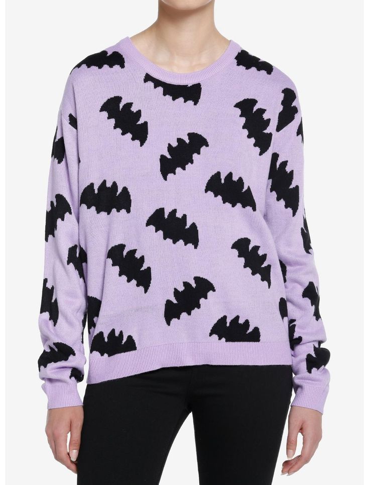 Keep the pastel goth look alive just in time for Halloween with this lavender sweater! Featuring an allover bat print. Creepy and cute! Creepy Cute Outfits, Sweet Society, Purple Goth, Pastel Goth Outfits, Bat Print, Lavender Sweater, Sweater Plus Size, Sweater Plus, Pastel Goth Fashion