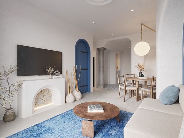 a living room filled with furniture and a fire place next to a blue door on the wall