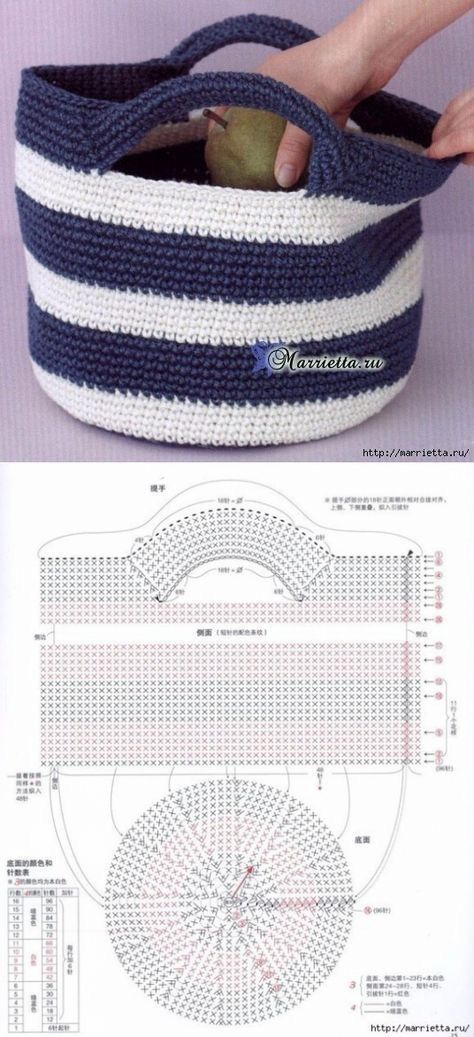 a crocheted basket with blue and white stripes is shown in the shape of a handbag