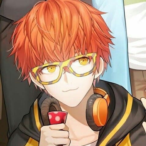 an anime character with red hair and glasses holding a cell phone in his right hand