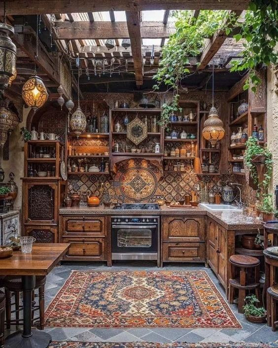 a kitchen with lots of wooden cabinets and an area rug