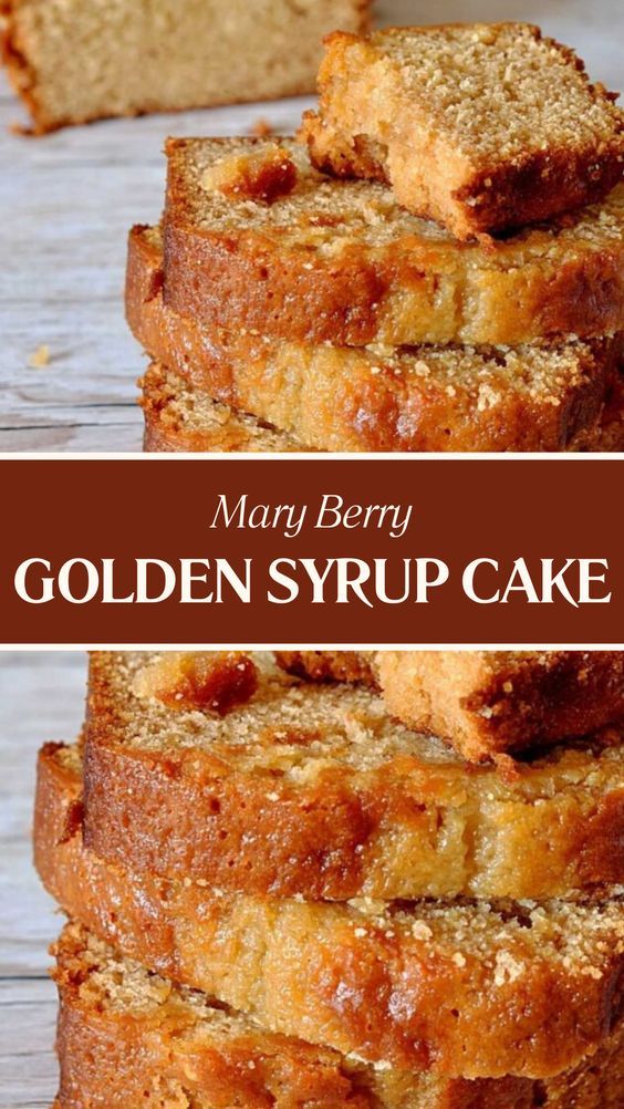 slices of mary berry golden syrup cake stacked on top of each other with text overlay