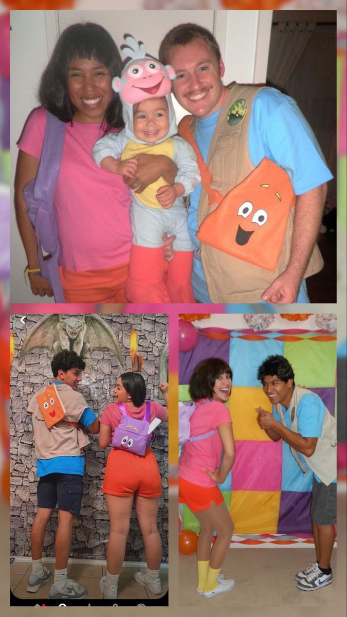 the family is dressed up in costumes and posing for pictures with each other while holding their child