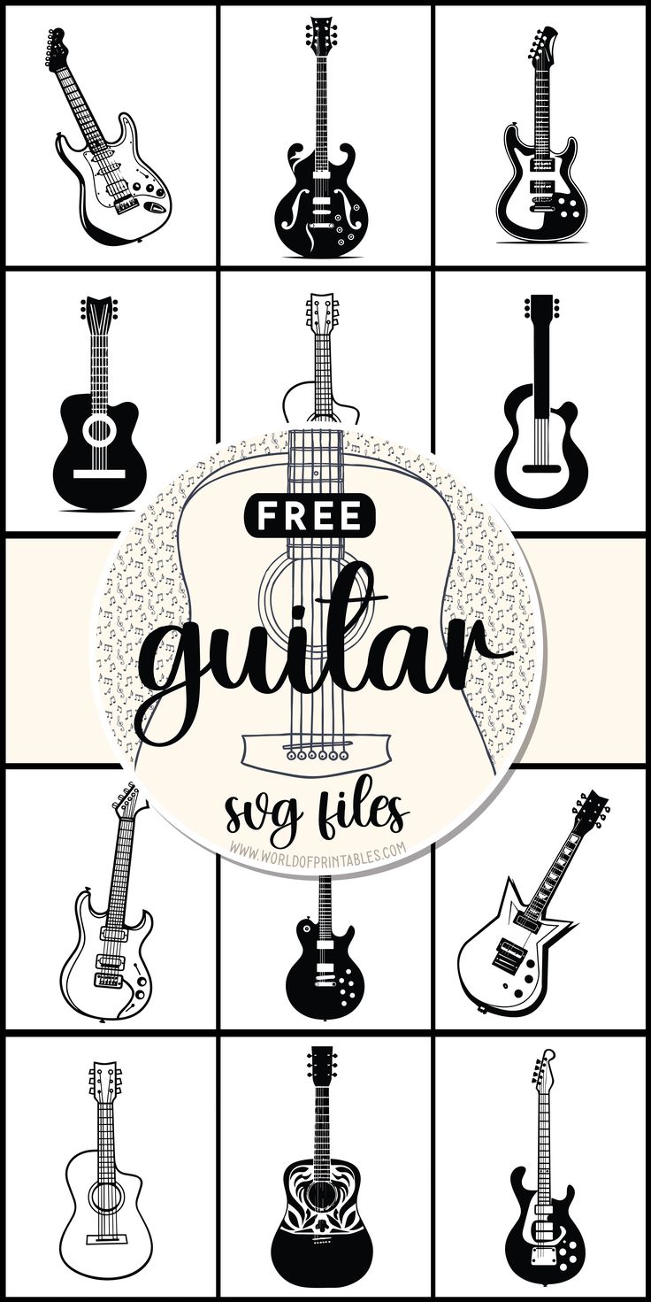 the guitar logo is shown in black and white, with many different guitars around it