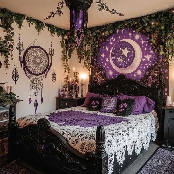 a bedroom decorated in purple and white with an intricate headboard, bedding, rugs and lights