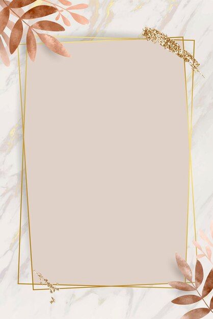 a square gold frame surrounded by leaves on a marble background with pink and green accents