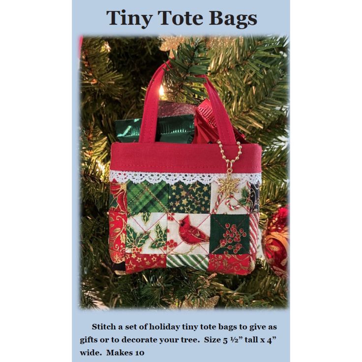 an ornament hanging from a christmas tree with the words tiny tote bags