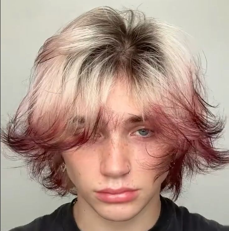 Transmasc Hair Dye Ideas, Short Hair With Red Ends, Bleached Hair With Colored Tips, Dyed Male Hair, Fox Dyed Hair Tips, Short Blonde Hair With Red Tips, Fox Hair Color Tips, Guys Dyed Hair Ideas, Guy Hair Color Ideas