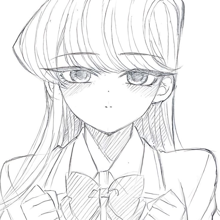 a drawing of a girl with long hair wearing a bow tie and looking at the camera