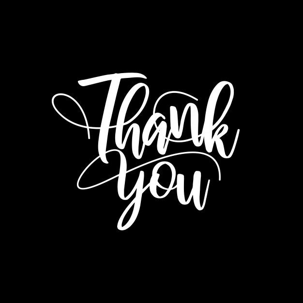 the words thank you are written in white ink on a black background, with an ornate script