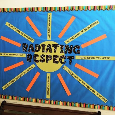 a bulletin board with the words radiating respect written on it in bright colors