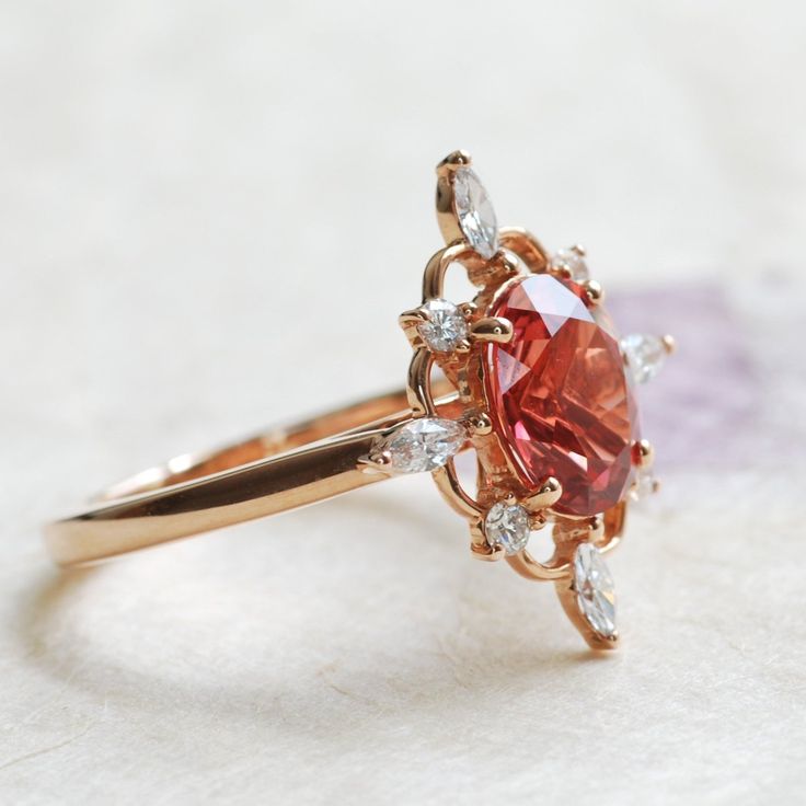 Padparadscha pink sapphire diamond ring Padparadscha Sapphire Ring, Aurora Ring, Ribbon Style, Oval Setting, Padparadscha Sapphire, The Aurora, Sun Rays, Wide Bands, Lab Created Diamonds