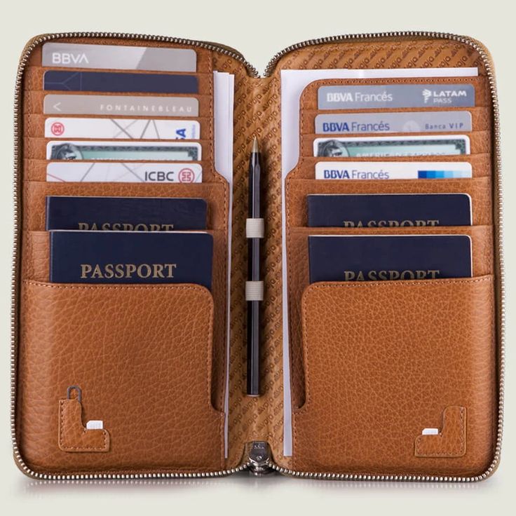 Bravo Family Leather Passport Holder - Vaja Luxury Travel Wallets With Bill Compartment, Functional Travel Bag With Card Slots, Leather Travel Cases With Card Slots, Leather Travel Wallet With Zipper Pocket, Leather Wallet With Zipper Pocket For Travel, Modern Travel Wallets With Zipper Closure, Luxury Rfid Blocking Wallets For Travel, Travel Cases With Card Slots, Rectangular Travel Cases With Card Slots