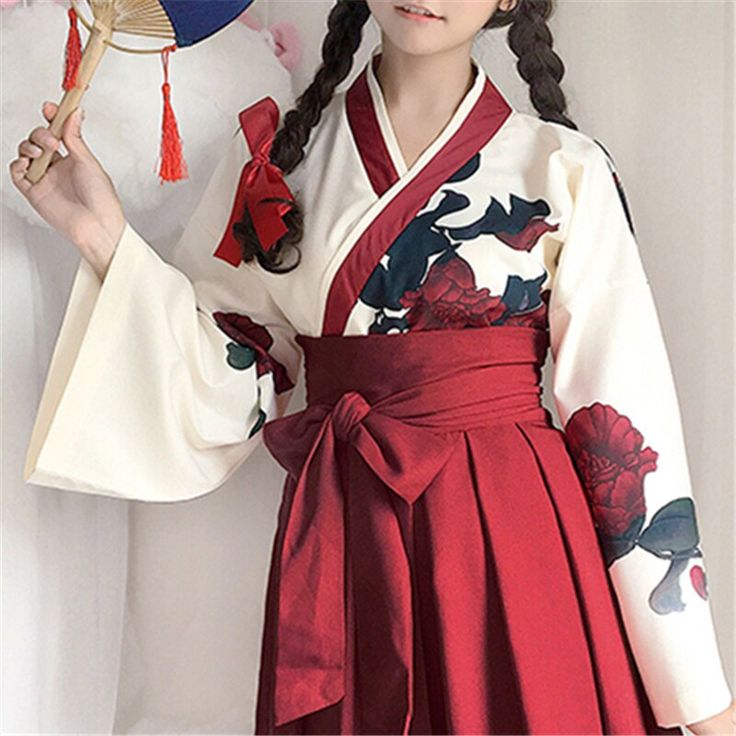 Color: One Top, Size: L Japanese Fantasy Clothes, Cute Japanese Outfits, Kimono Robes Pattern, Japan Dress, Red Long Skirt, Long Sleeve Party Dress, Kimono Style Dress, Japanese Costume, Kimono Floral